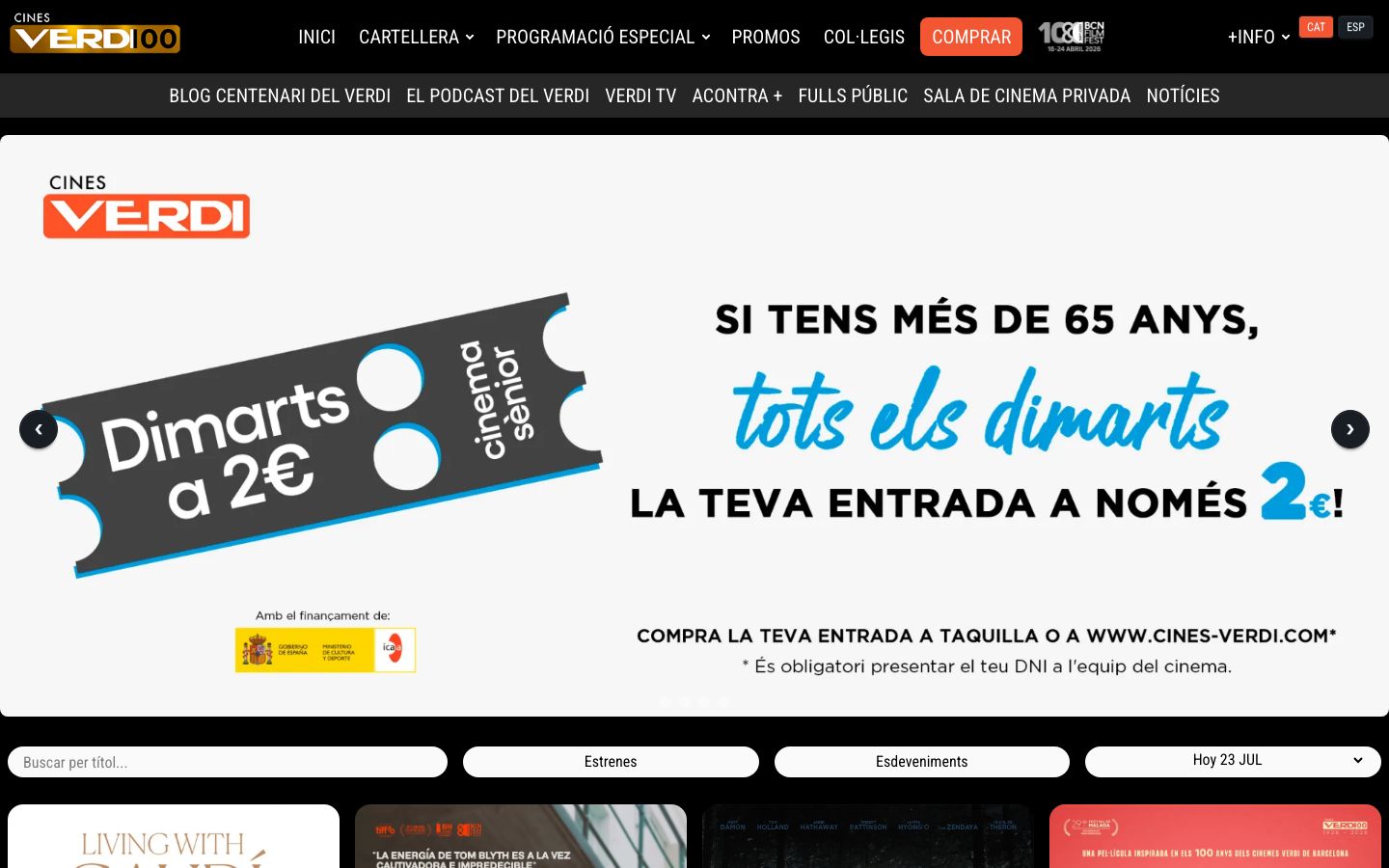 Homepage screenshot of Cinemes Verdi Barcelona