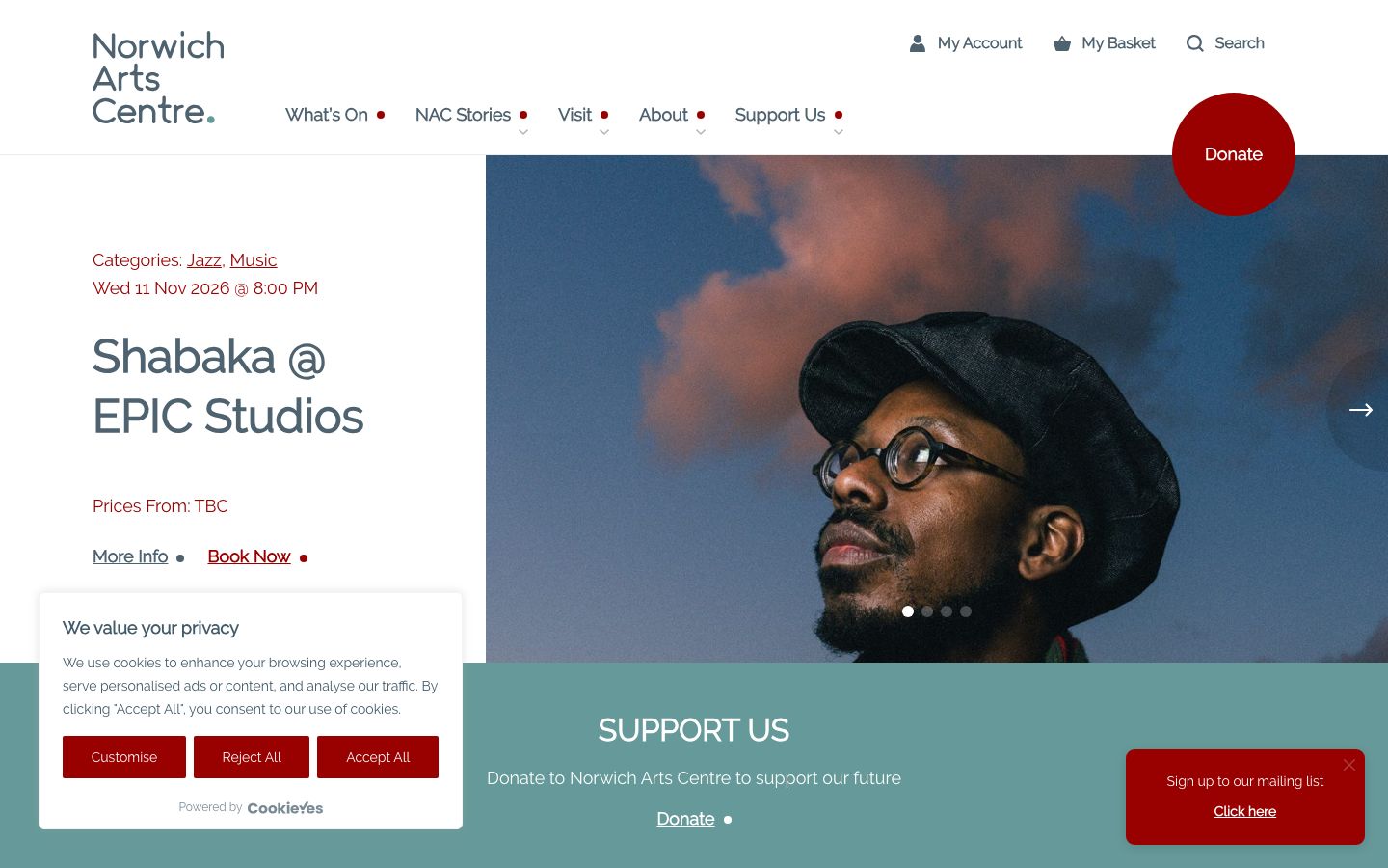 Homepage screenshot of Norwich Arts Centre