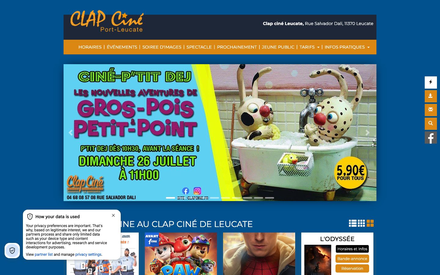 Homepage screenshot of Clap ciné Leucate