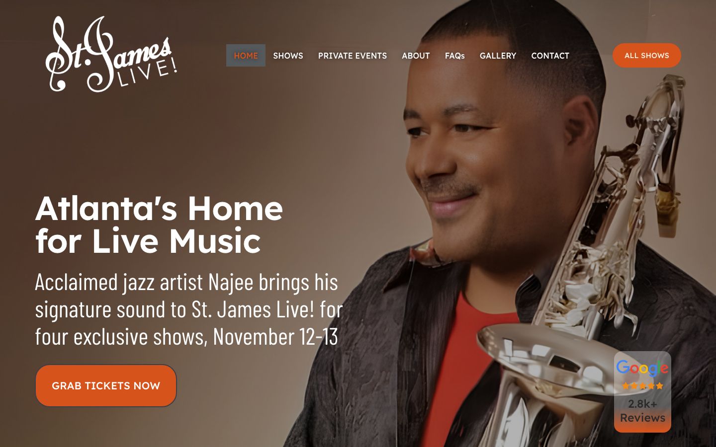 Homepage screenshot of St. James Live!