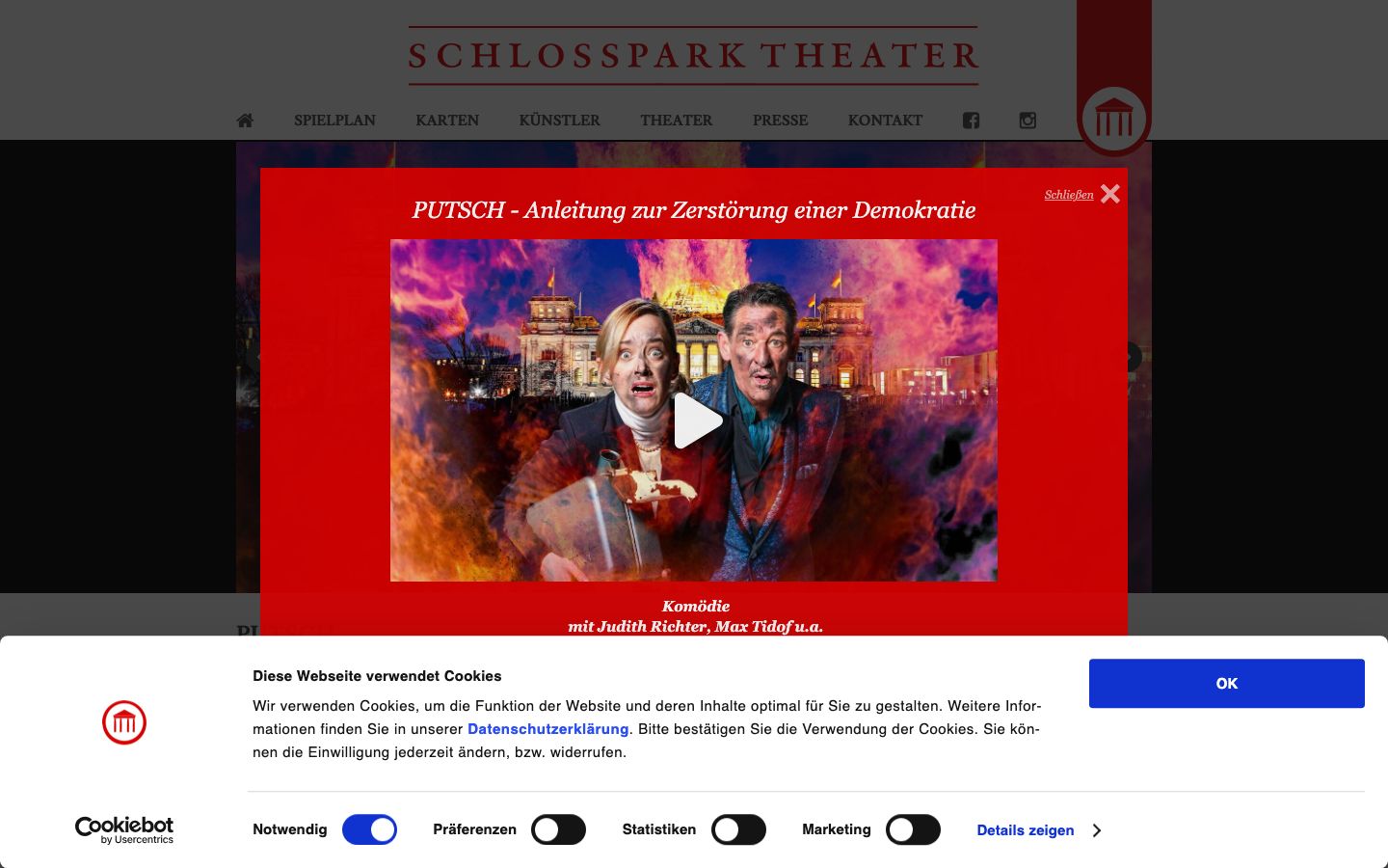 Homepage screenshot of Schlosspark Theater