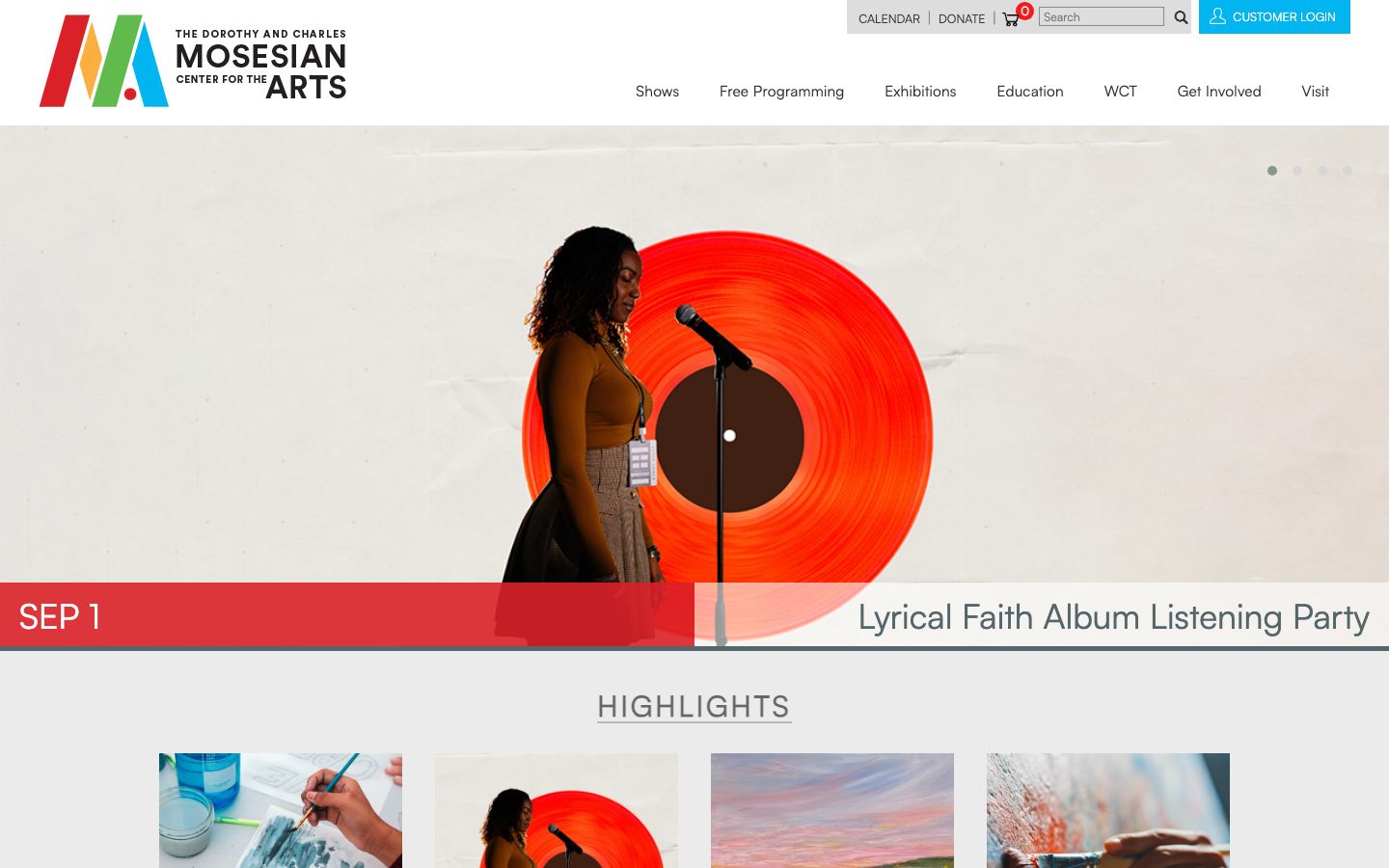 Homepage screenshot of The Dorothy and Charles Mosesian Center for the Arts