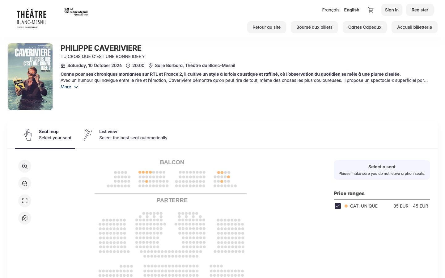 Event detail page screenshot of Théâtre du Blanc-Mesnil