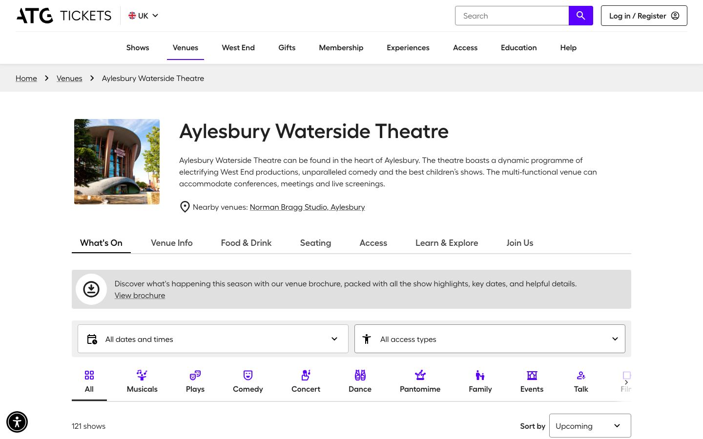 Homepage screenshot of Aylesbury Waterside Theatre
