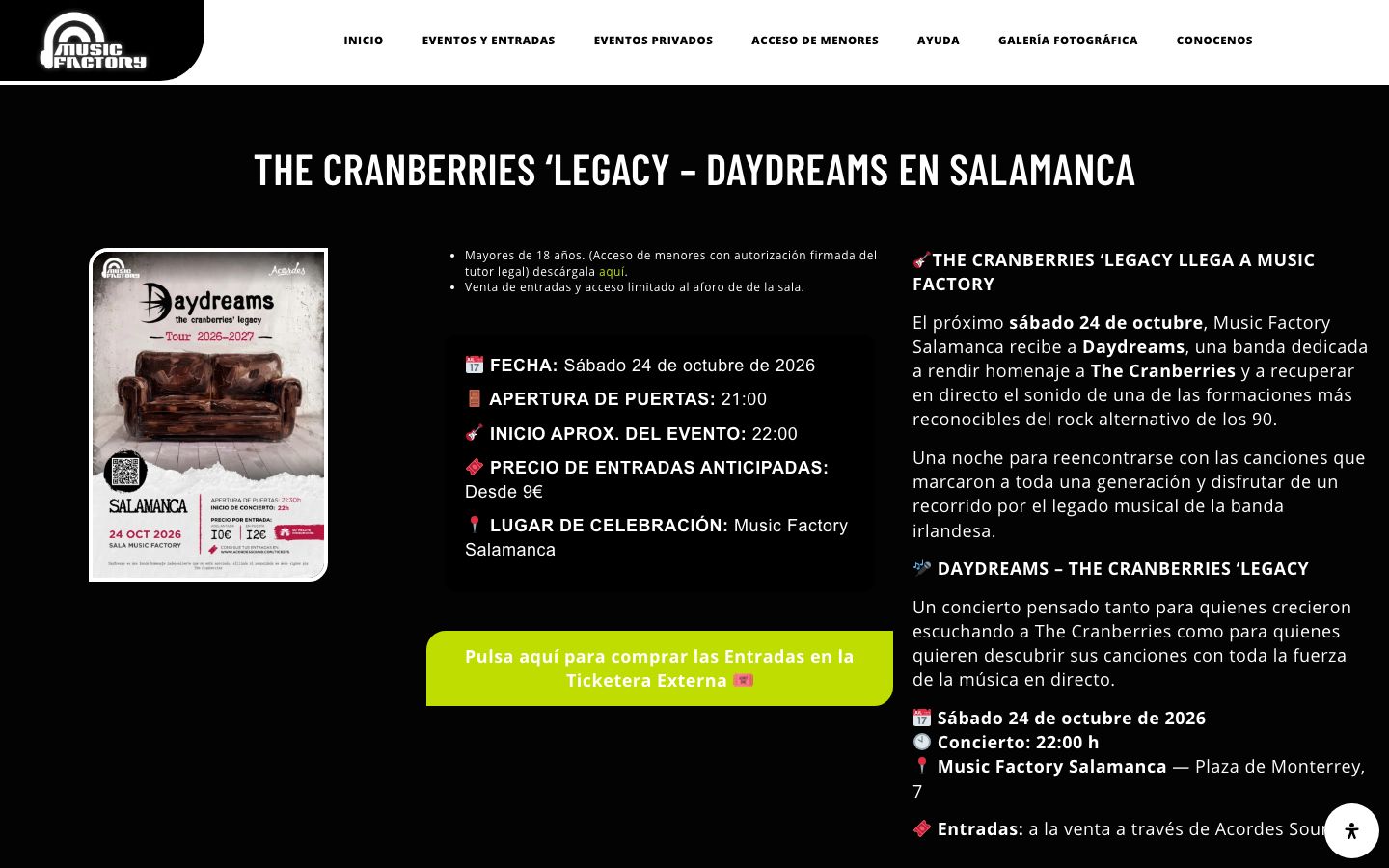 Event detail page screenshot of Music Factory Salamanca