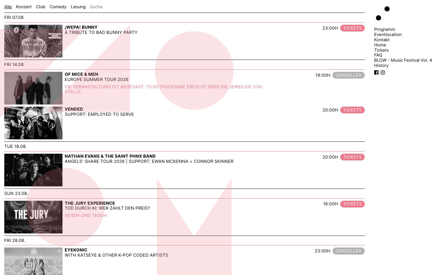 Event detail page screenshot of ZOOM Frankfurt