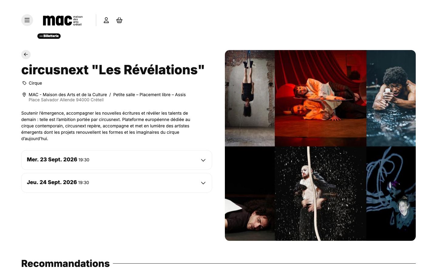 Event detail page screenshot of MAC . Maison des arts de Créteil