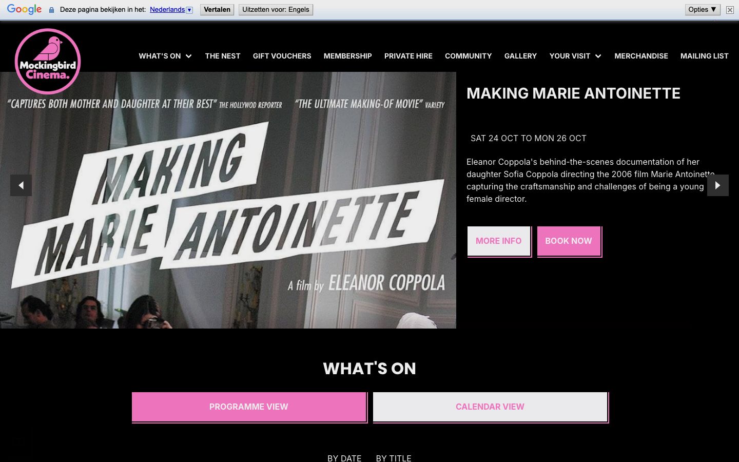 Homepage screenshot of Mockingbird Cinema