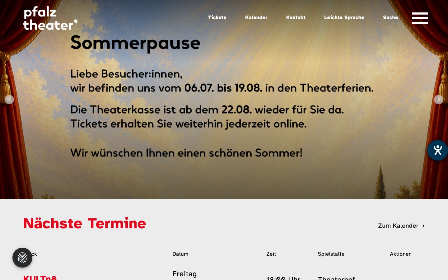 Homepage screenshot of Pfalztheater