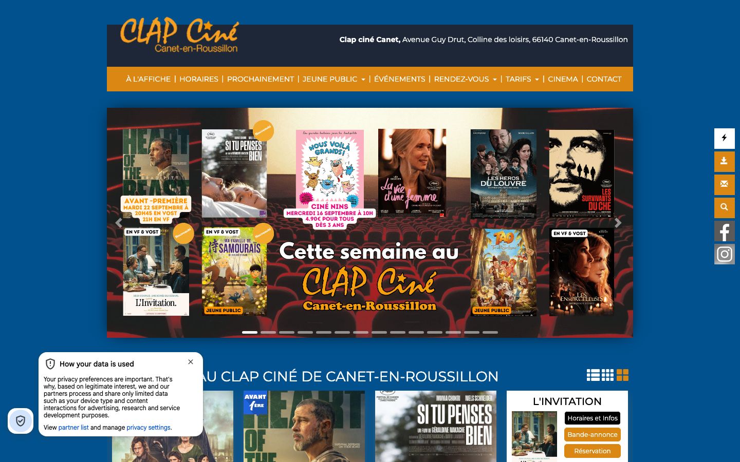 Homepage screenshot of Clap ciné Canet