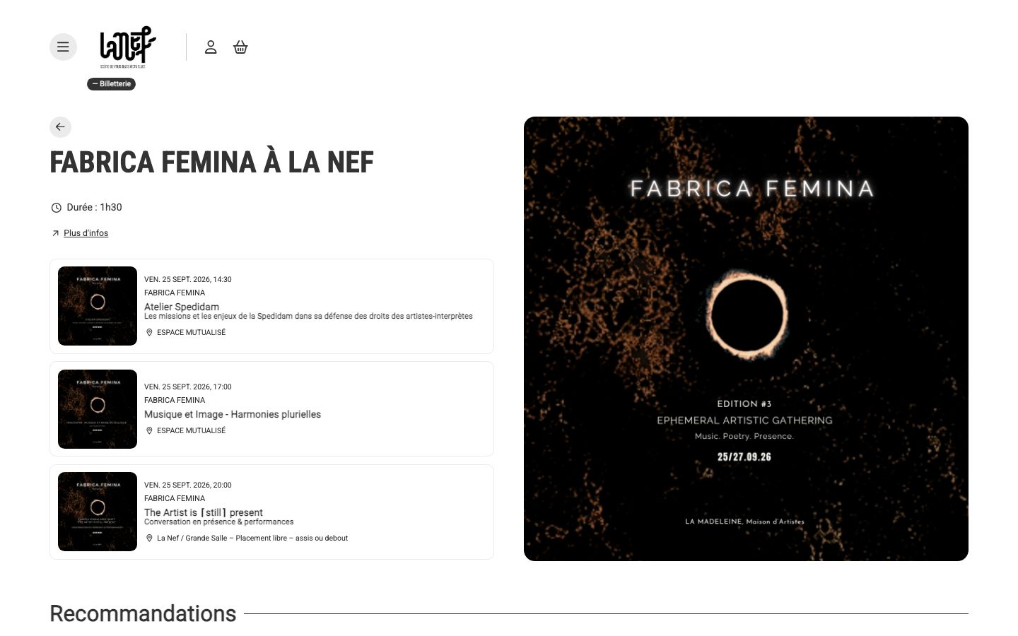 Event detail page screenshot of La Nef