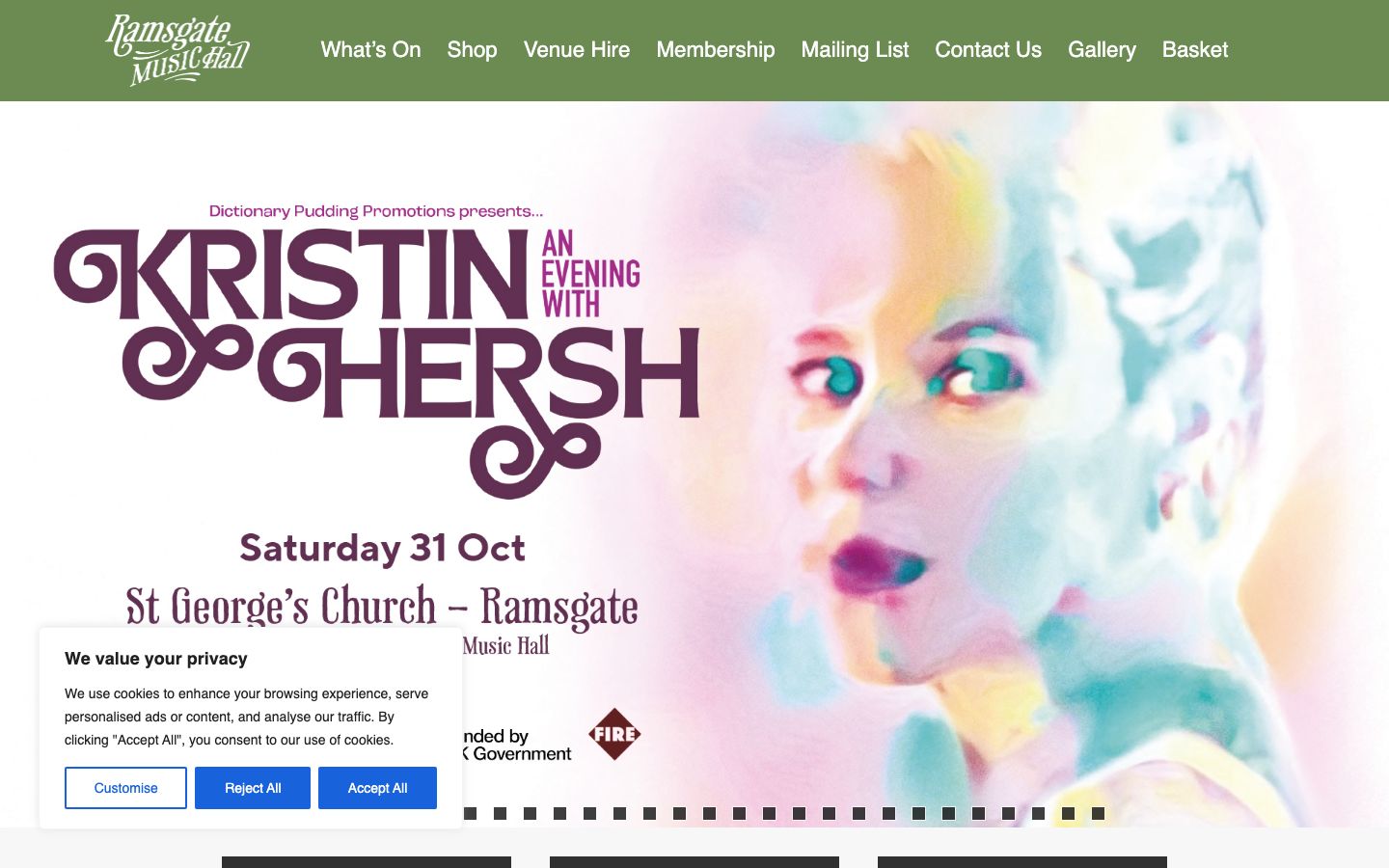 Homepage screenshot of Ramsgate Music Hall - Britain's best small music venue