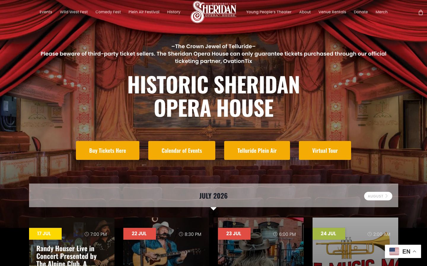 Homepage screenshot of Sheridan Opera House