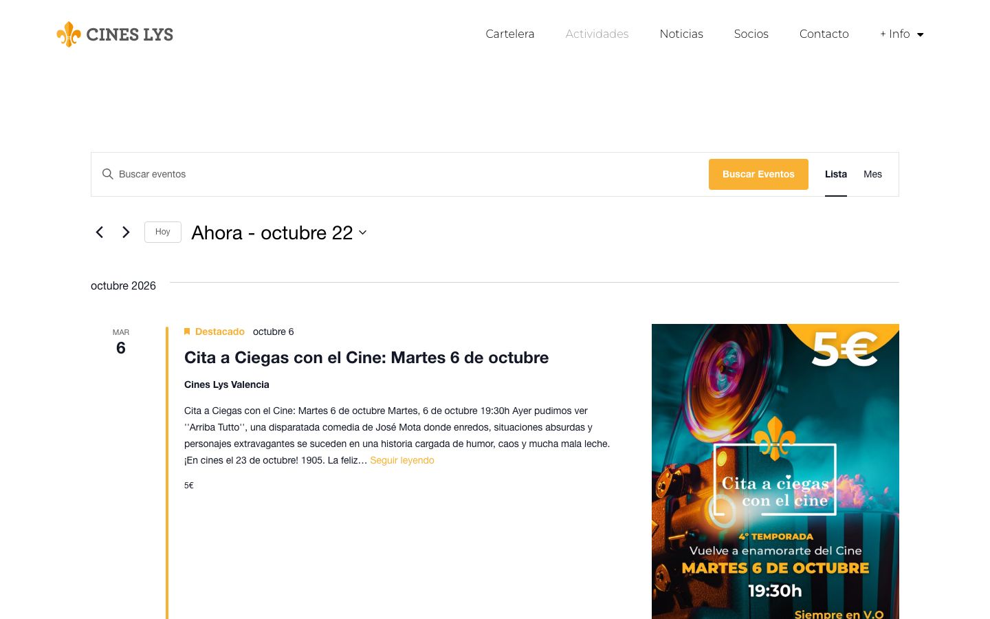 Event detail page screenshot of Cines Lys Valencia