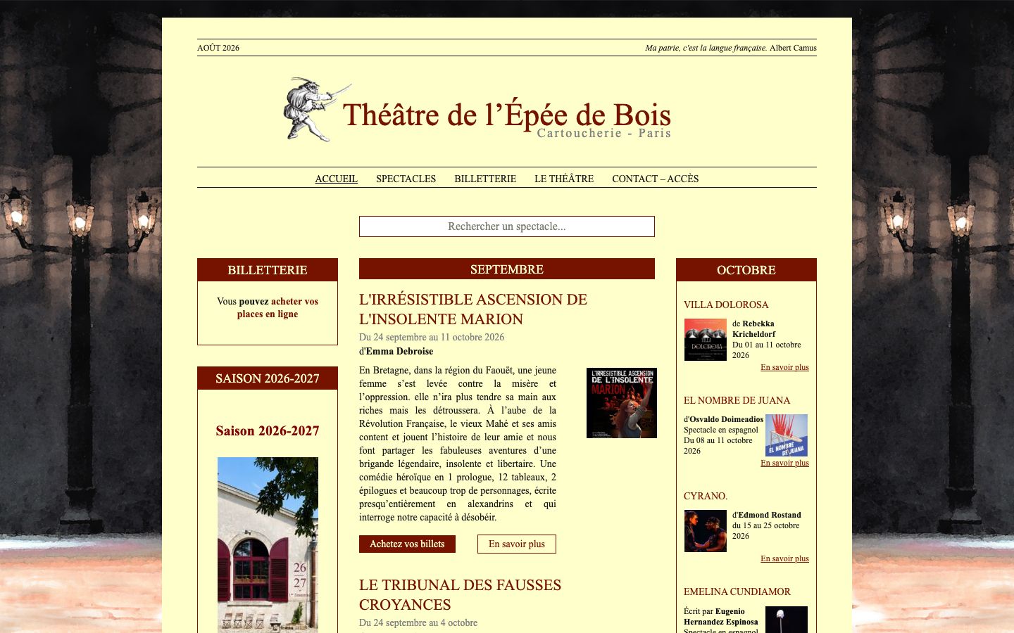Homepage screenshot of Théâtre de l’Épée de Bois