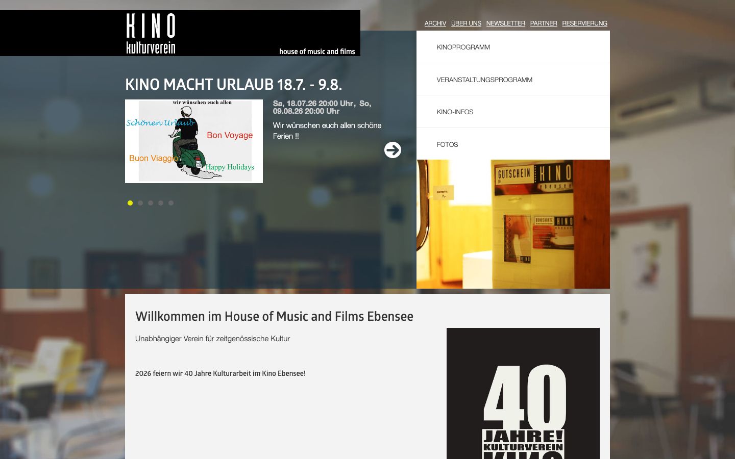 Homepage screenshot of Kino Ebensee (House of Music and Films Ebensee)