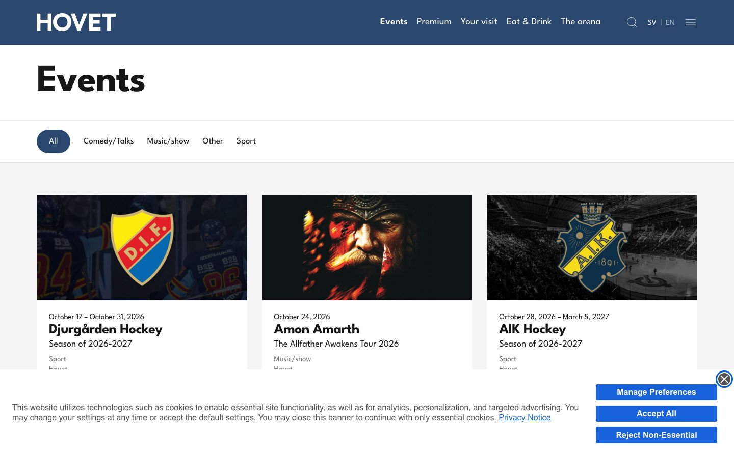 Event detail page screenshot of Hovet Arena