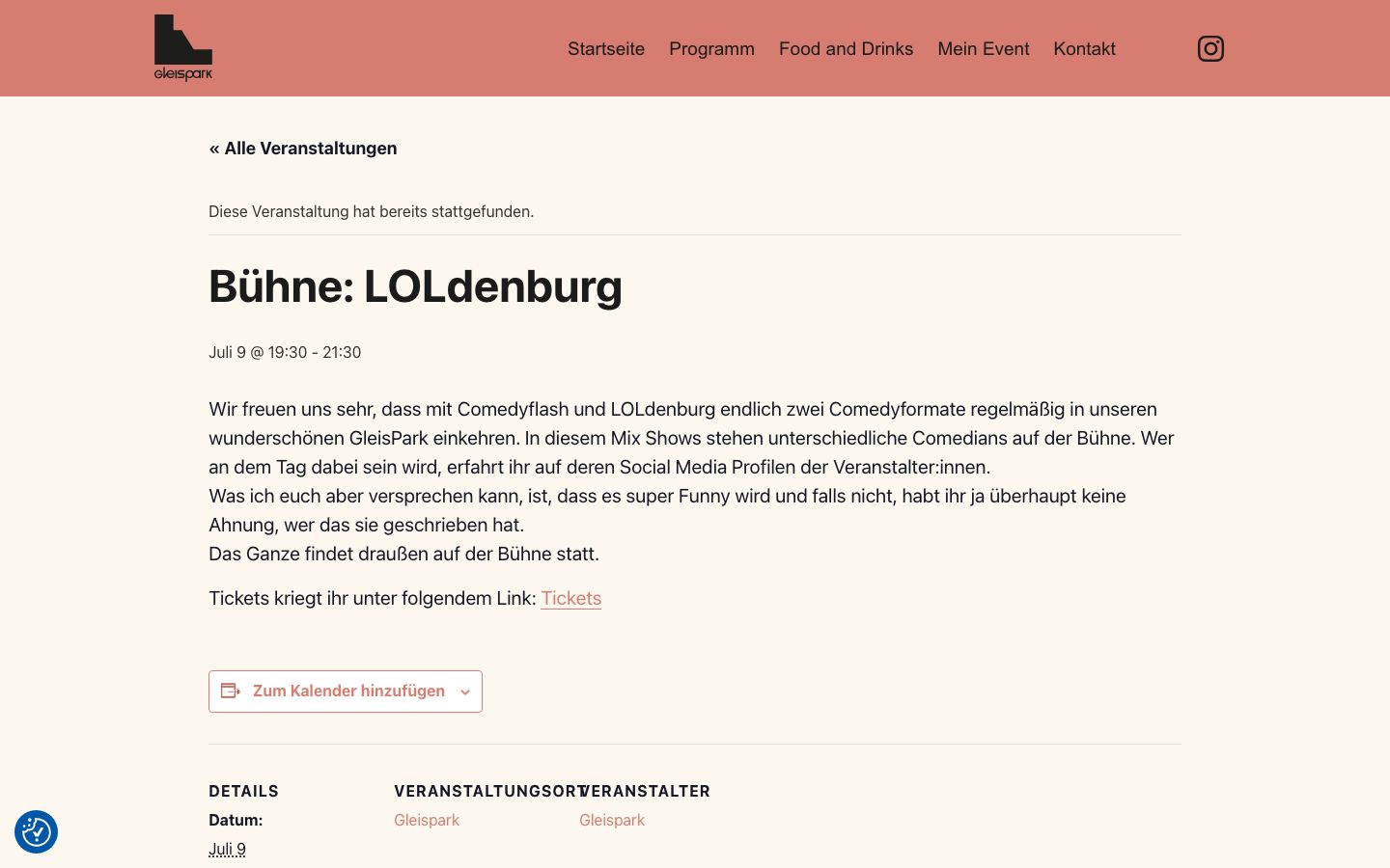 Event detail page screenshot of Gleispark Oldenburg
