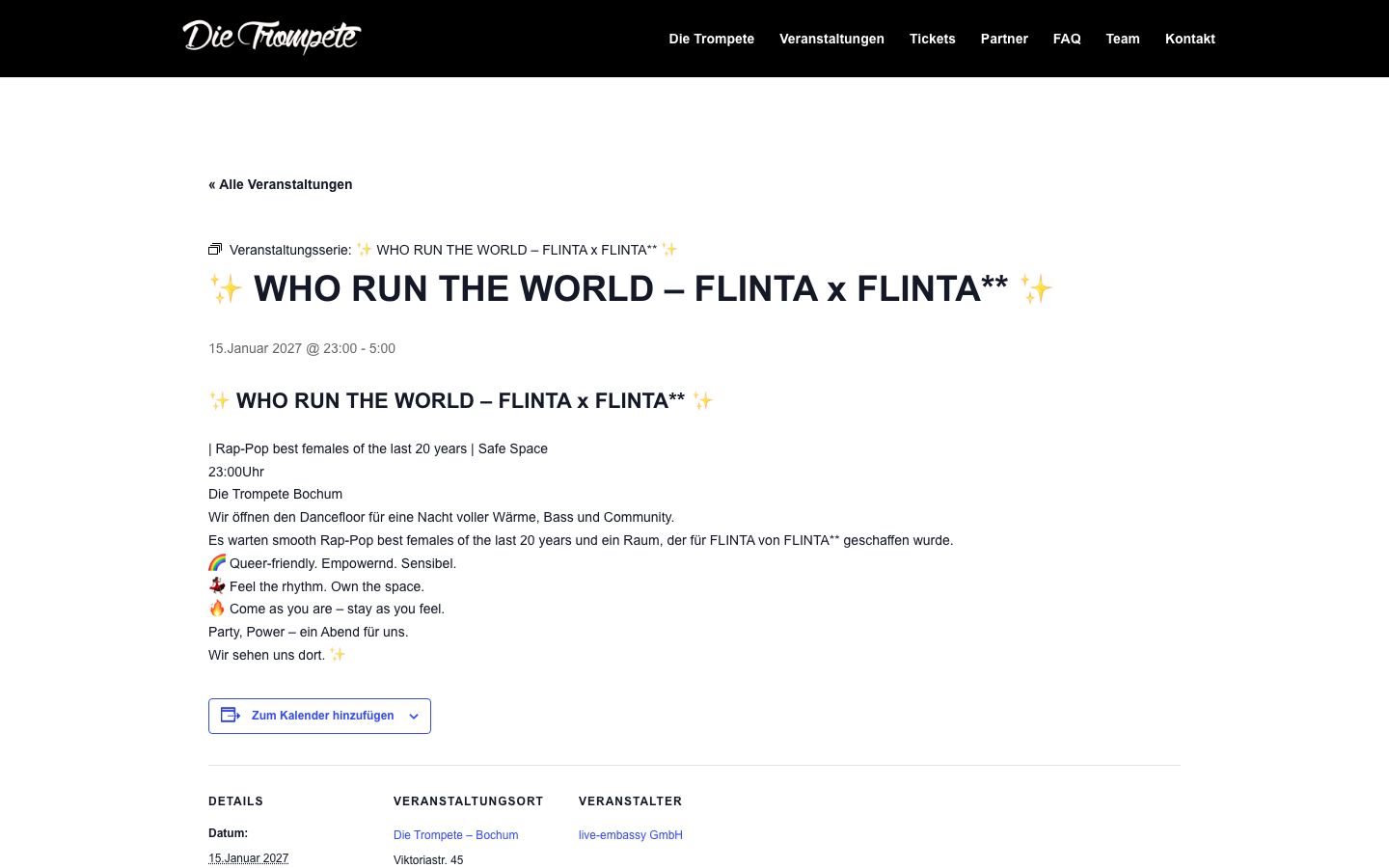Event detail page screenshot of Die Trompete – Livemusik und Clubkultur