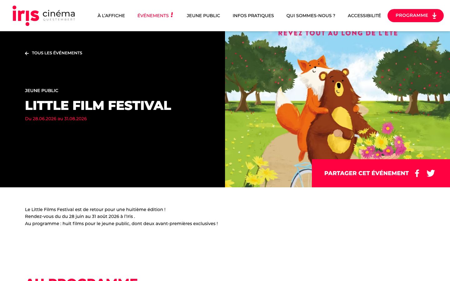 Event detail page screenshot of Iris Cinéma Questembert