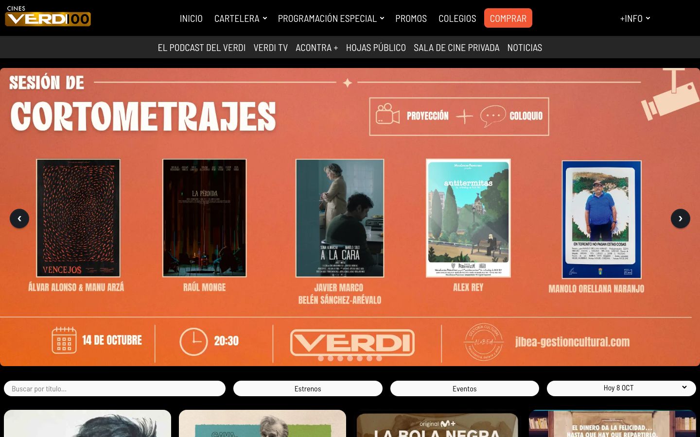 Homepage screenshot of Cinemes Verdi Madrid