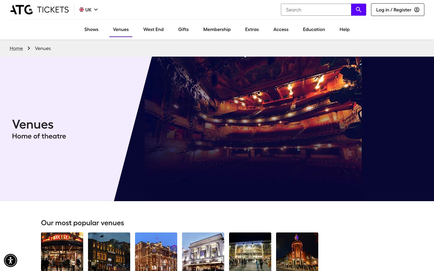 Homepage screenshot of Venues