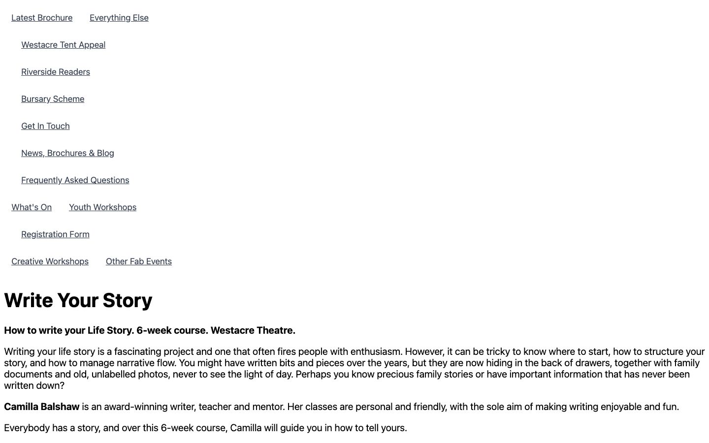 Event detail page screenshot of Westacre Theatre