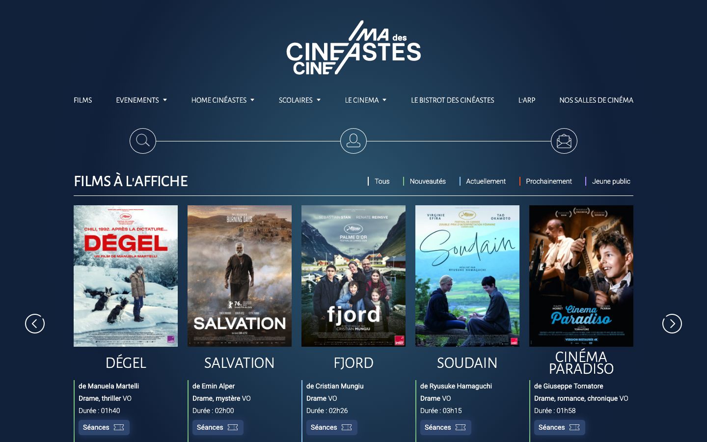 Homepage screenshot of Cinéma des cineastes