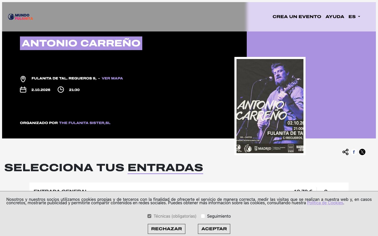 Event detail page screenshot of Madrid en Vivo