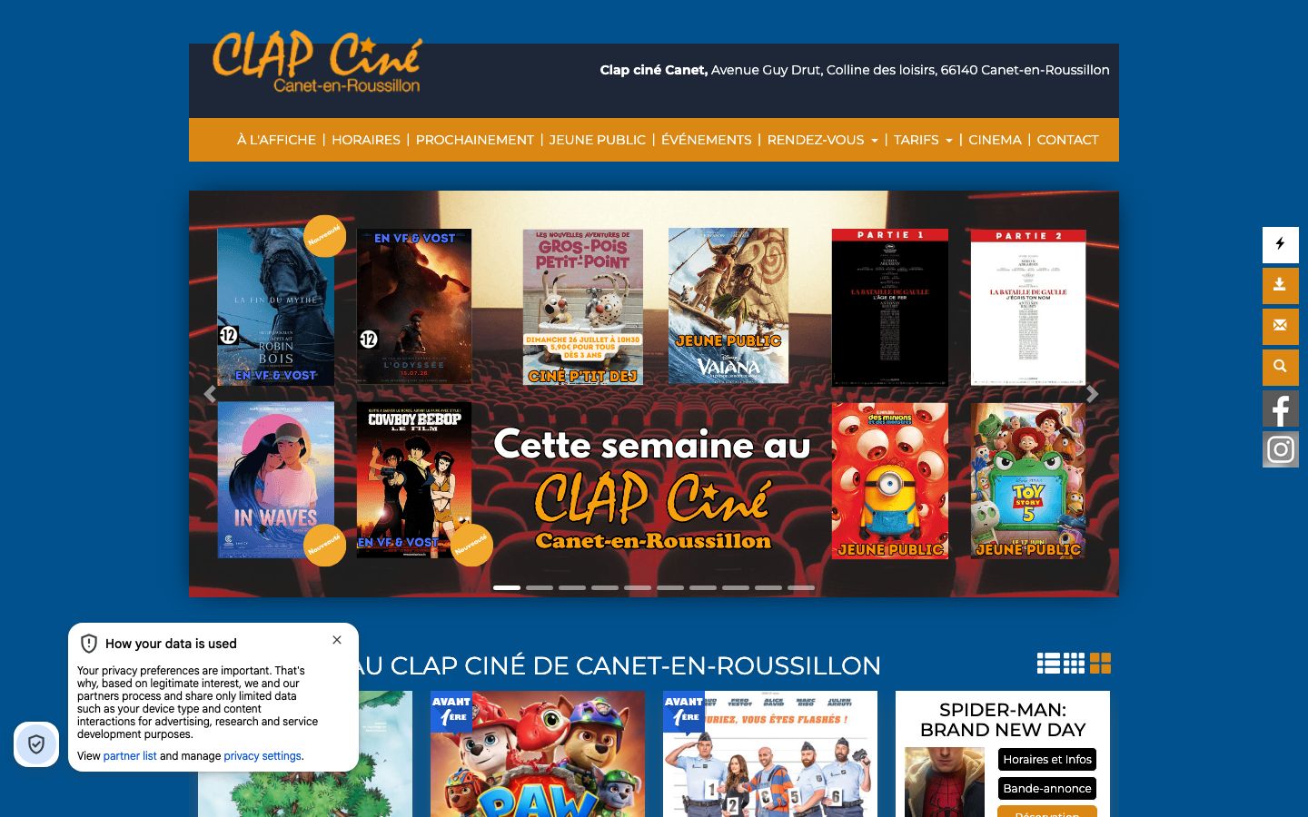 Homepage screenshot of Clap ciné Canet