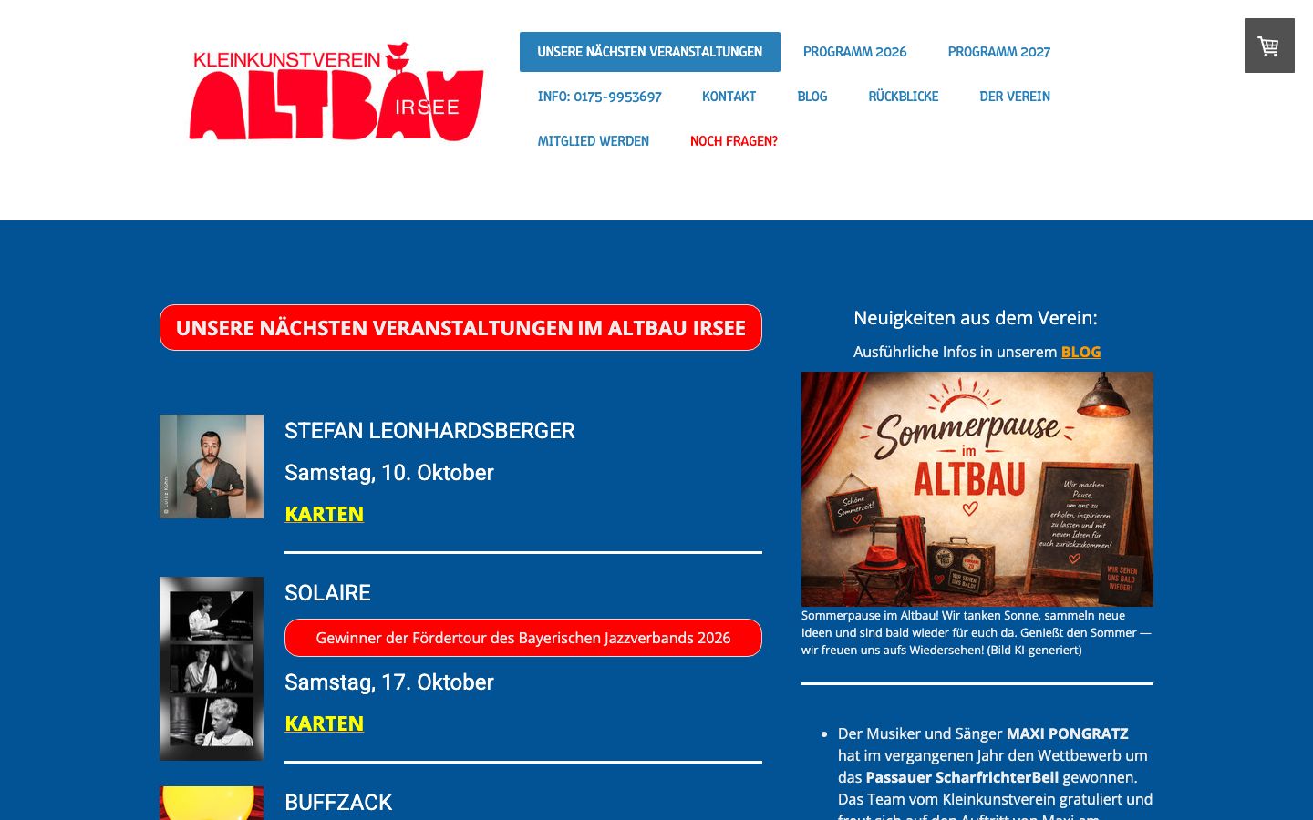 Homepage screenshot of Kleinkunstverein Altbau e. V.