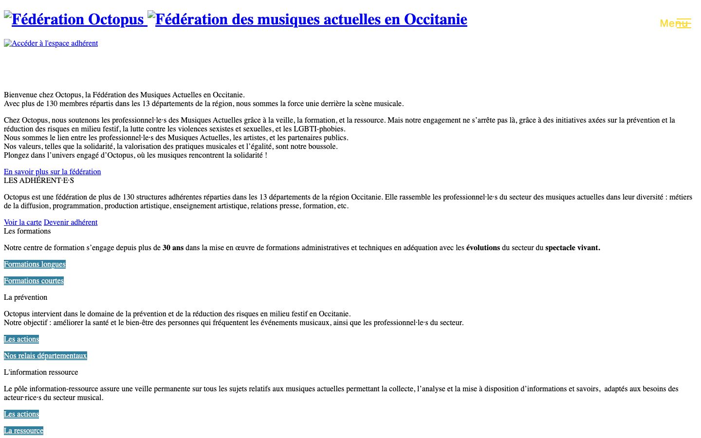 Homepage screenshot of Fédération Octopus : Fédération des musiques actuelles en Occitanie