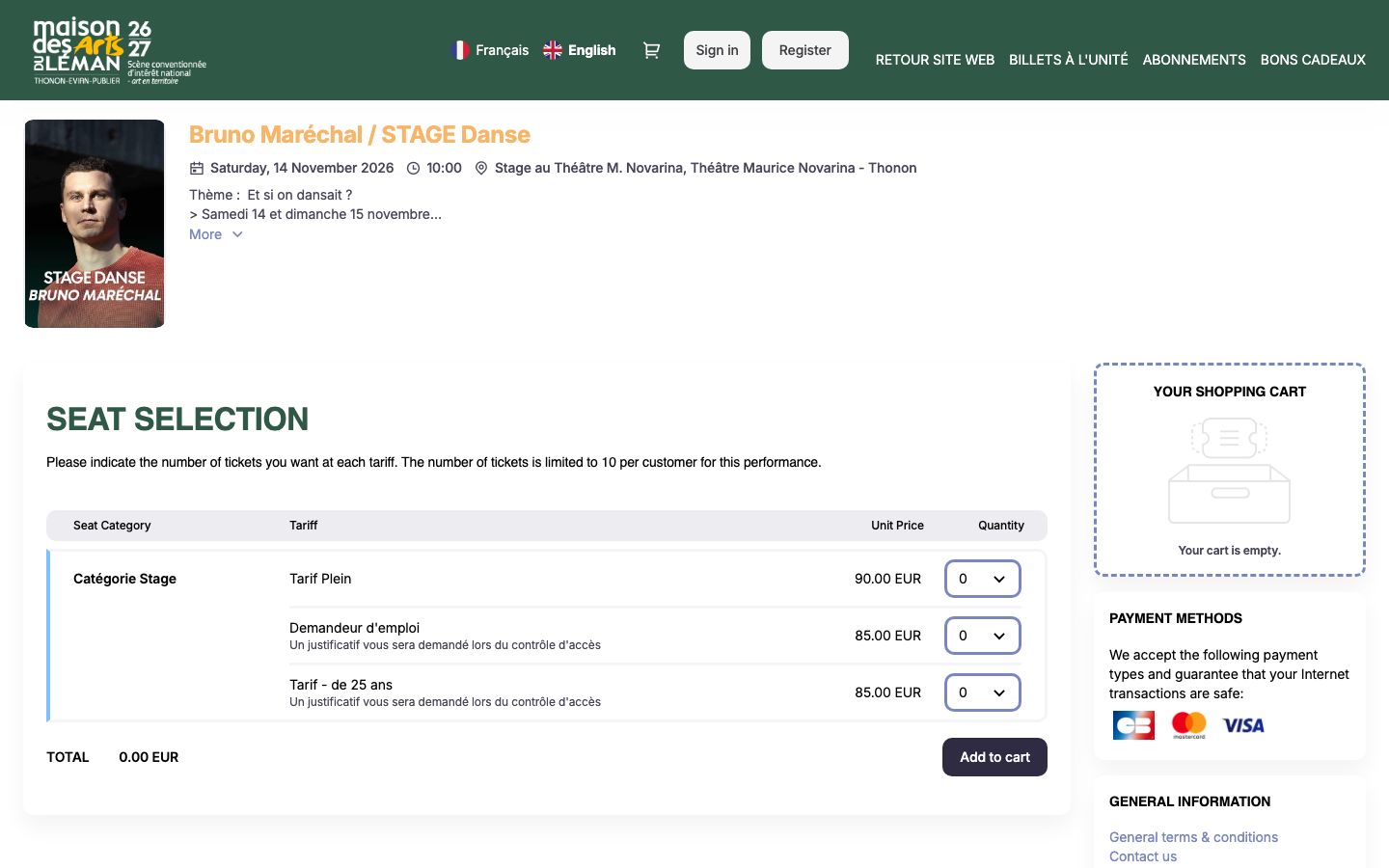 Event detail page screenshot of Maison des Arts du Léman