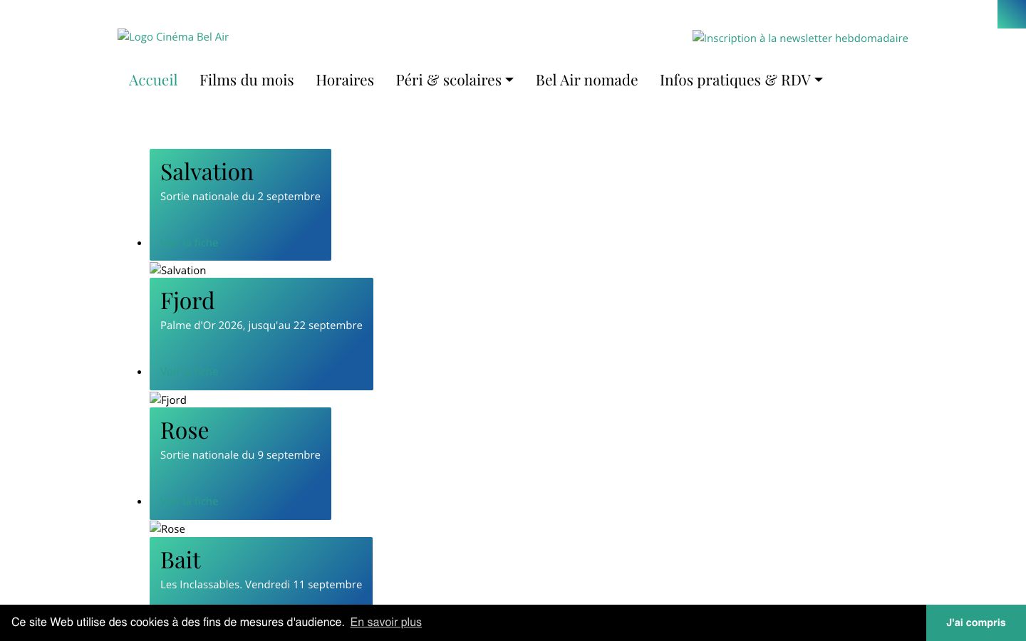 Homepage screenshot of Cinéma Bel Air