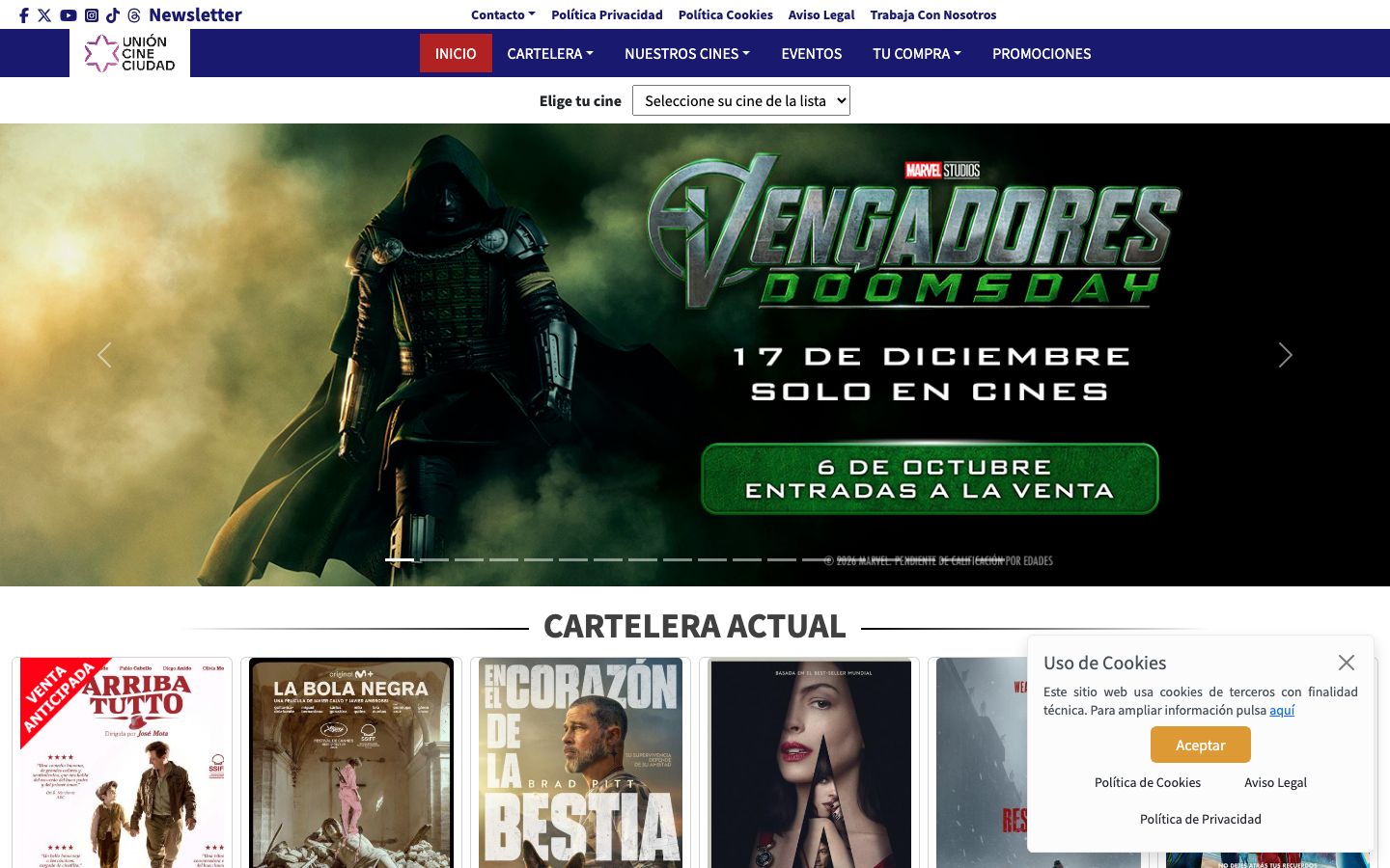 Homepage screenshot of Unión Cine Ciudad
