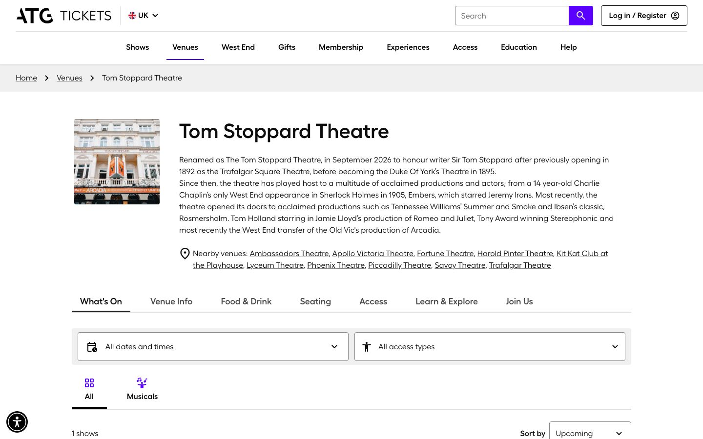 Homepage screenshot of Tom Stoppard Theatre
