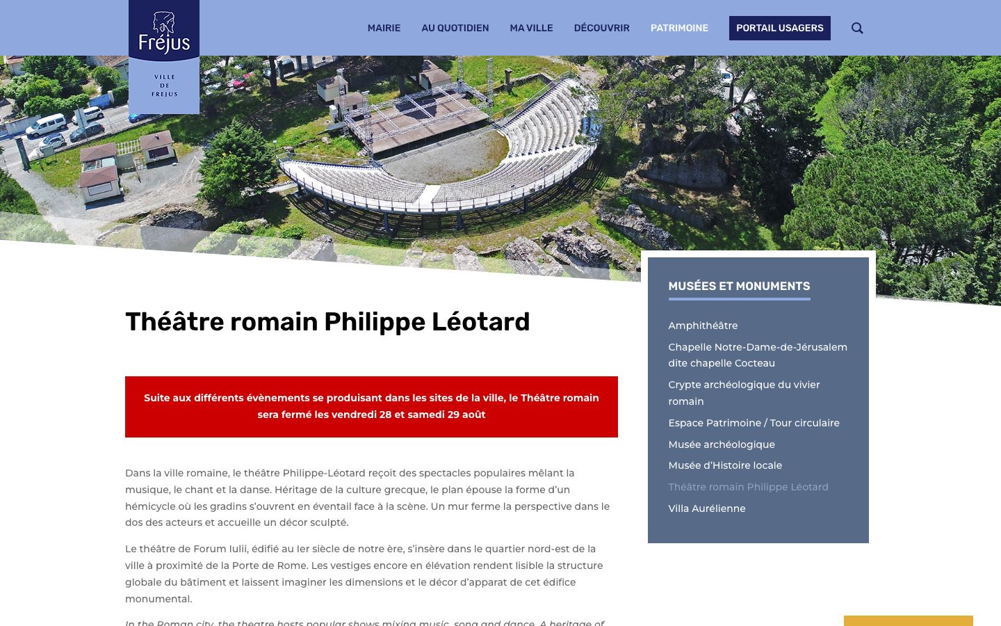 Homepage screenshot of Site officiel de la ville de Fréjus - Fréjus, Ville d'Art et d'Histoire