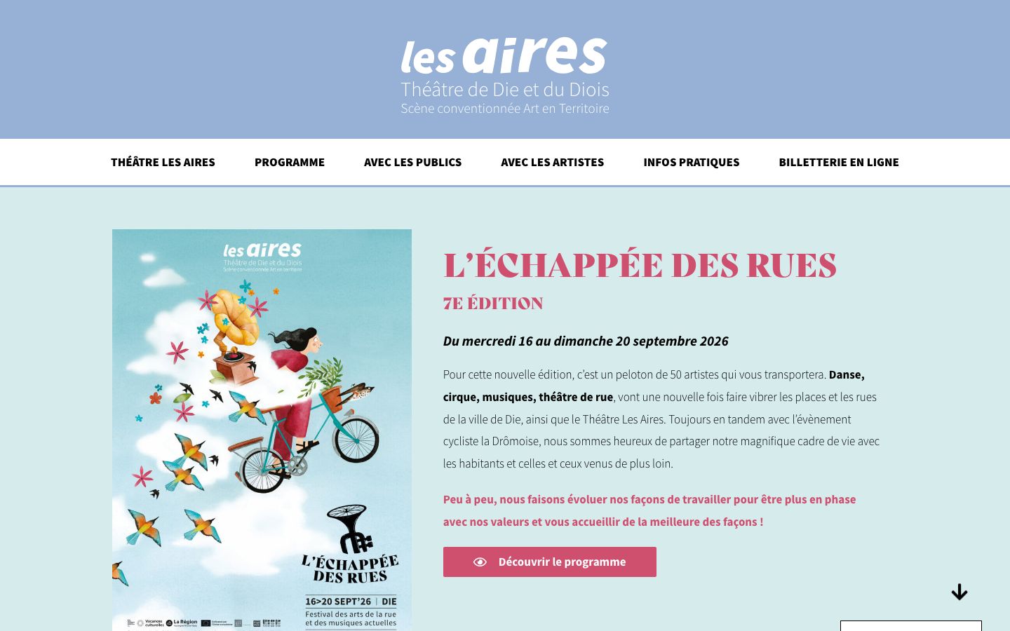 Homepage screenshot of Les Aires - Théâtre de Die et du Diois, conventionné Art en territoire