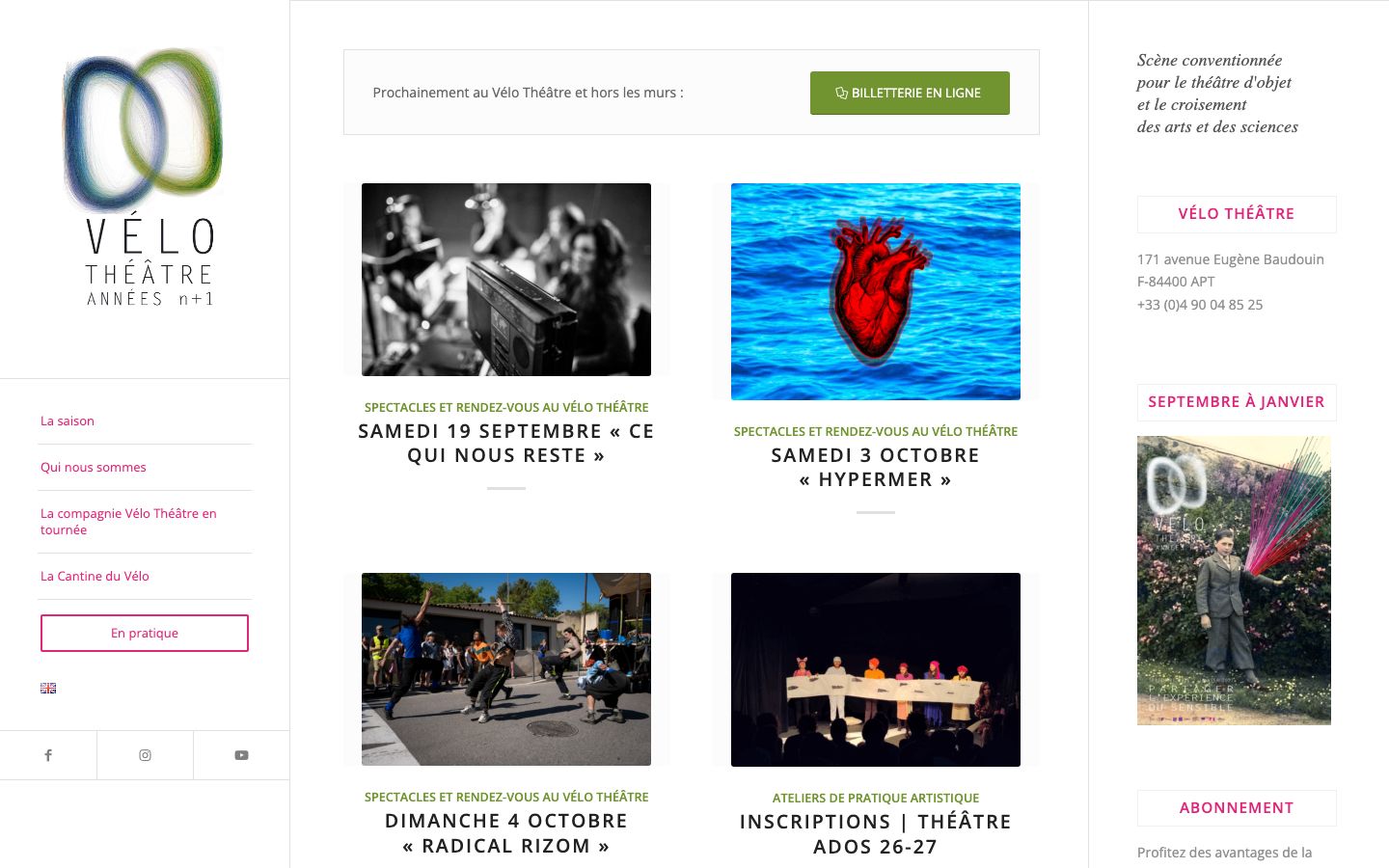 Homepage screenshot of Vélo Théâtre