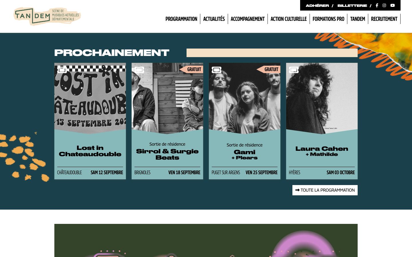 Homepage screenshot of Tandem Scène de Musiques Actuelles départementale