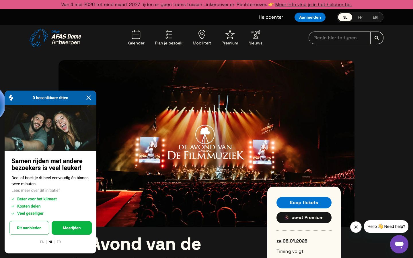 Event detail page screenshot of AFAS Dome Antwerpen
