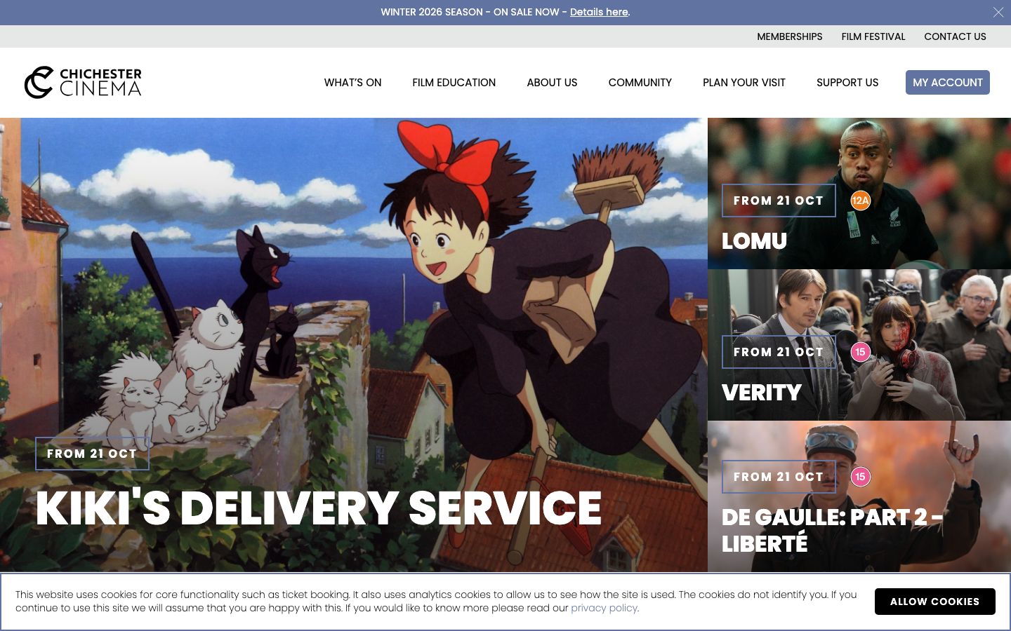 Homepage screenshot of Chichester Cinema at New Park