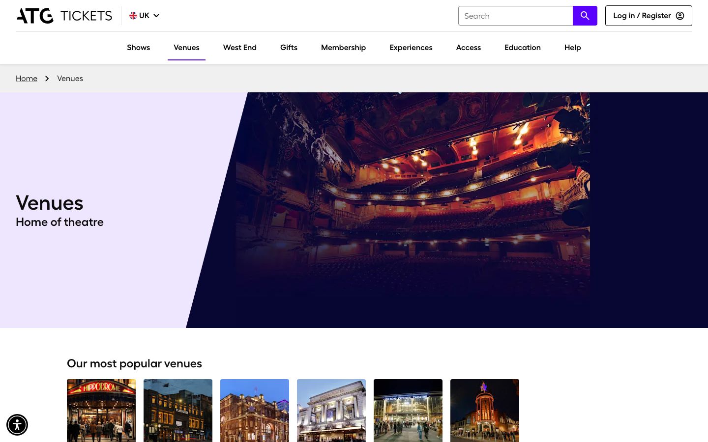 Homepage screenshot of Venues