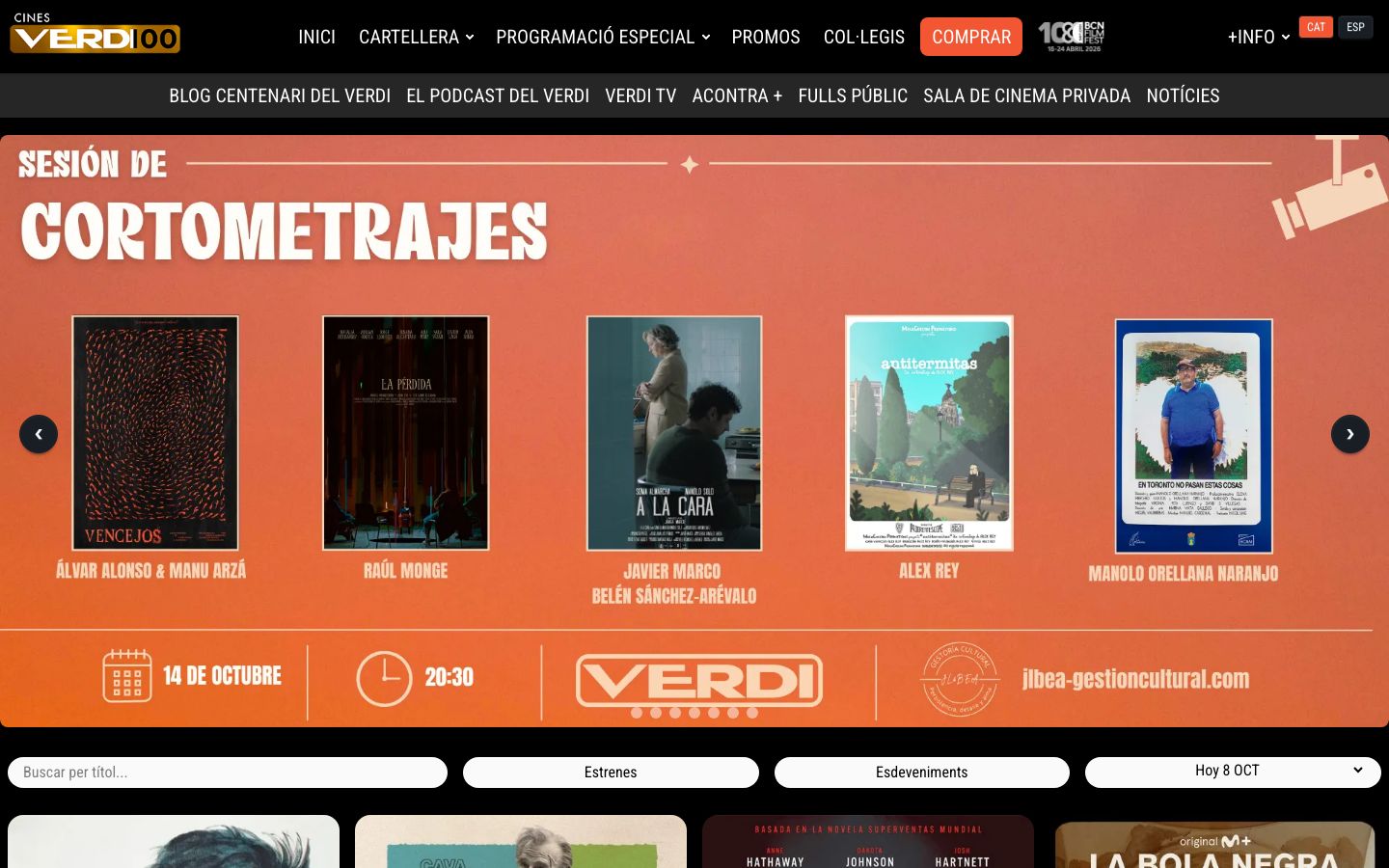 Homepage screenshot of Cinemes Verdi Barcelona