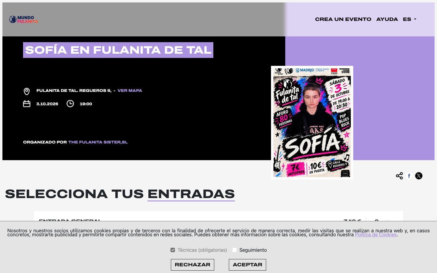 Event detail page screenshot of Madrid en Vivo