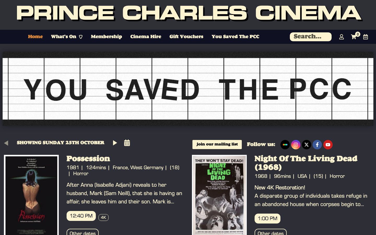 Homepage screenshot of The Prince Charles Cinema