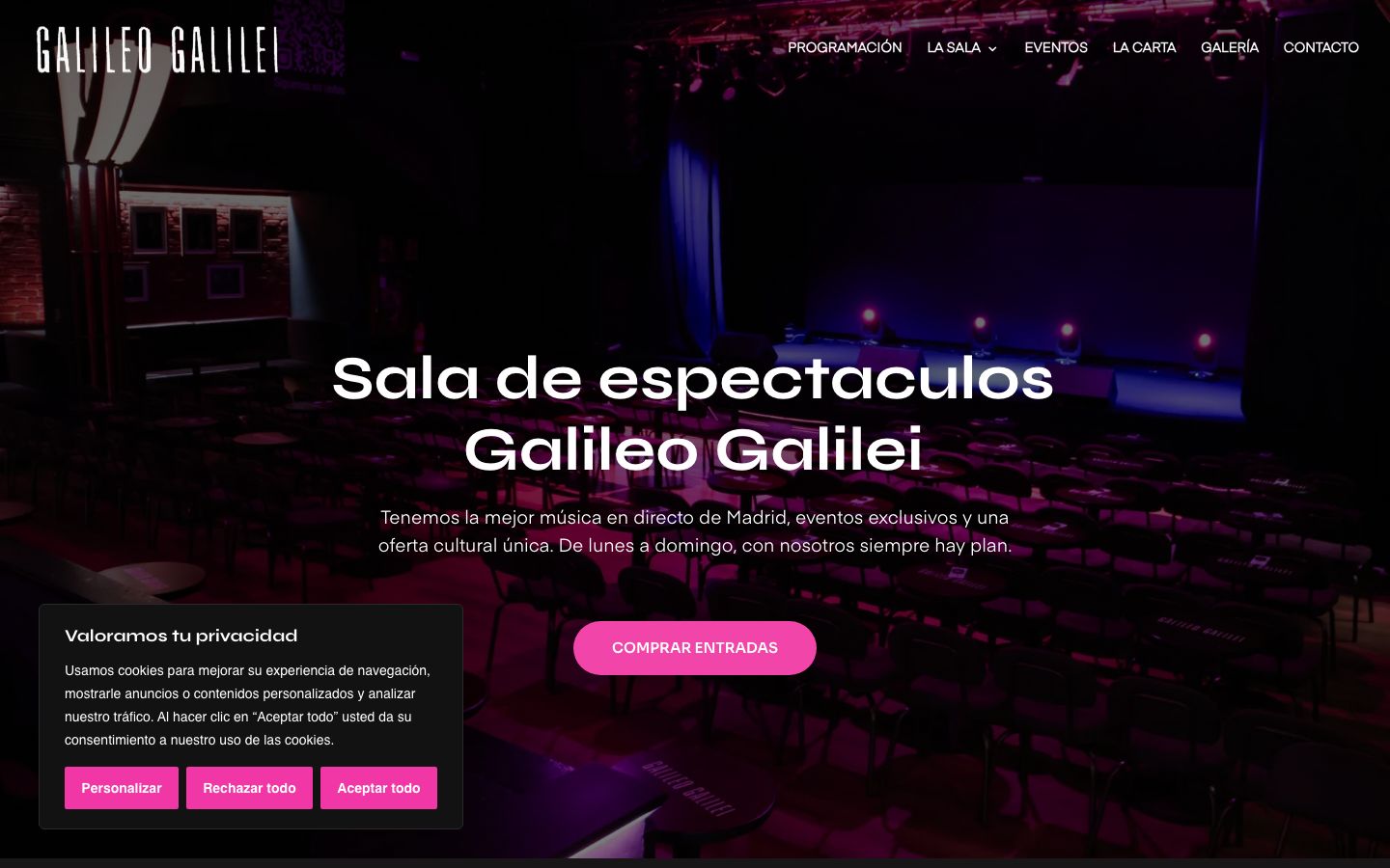 Homepage screenshot of SALA GALILEO GALILEI - ESPECTACULOS