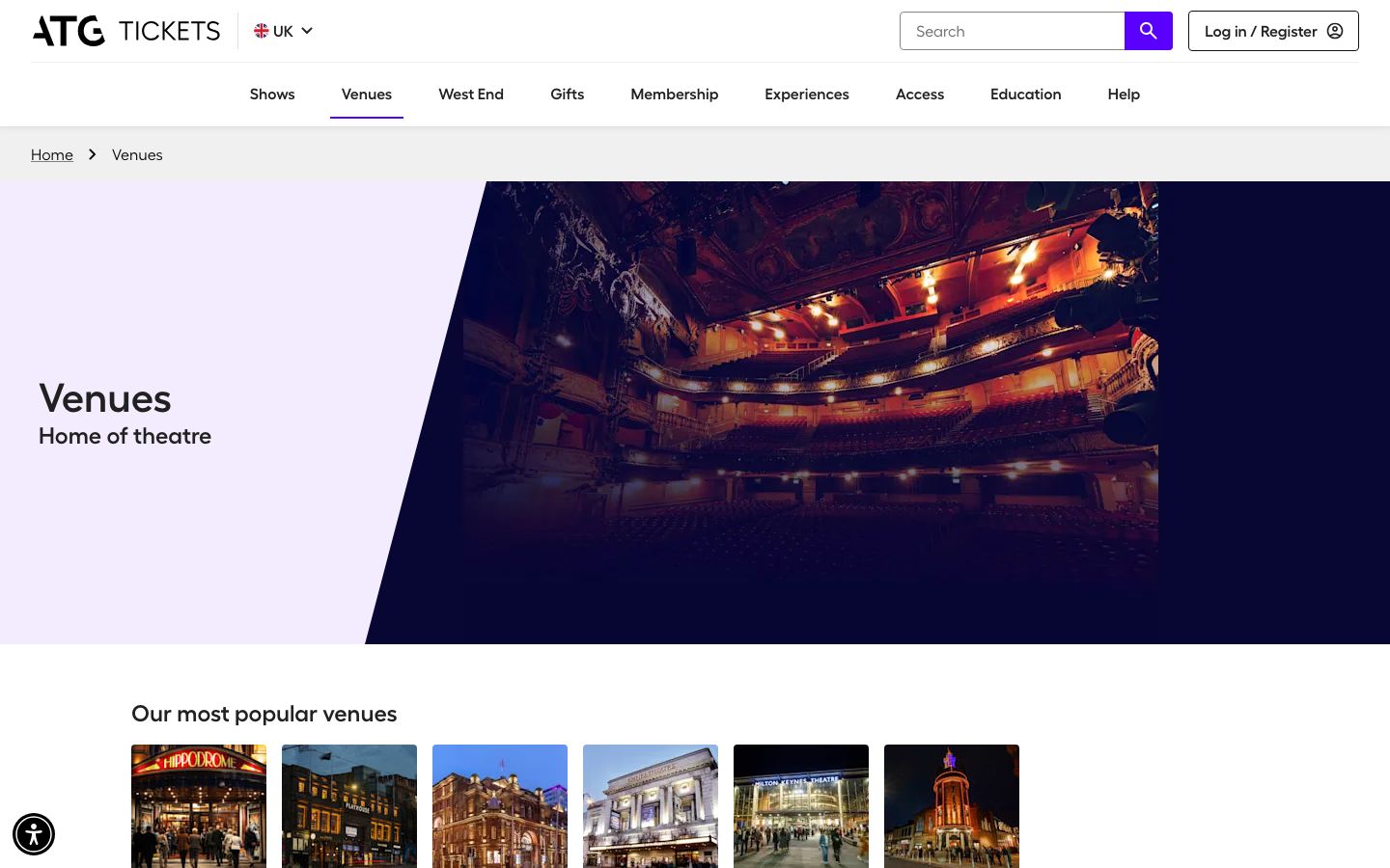 Homepage screenshot of Venues