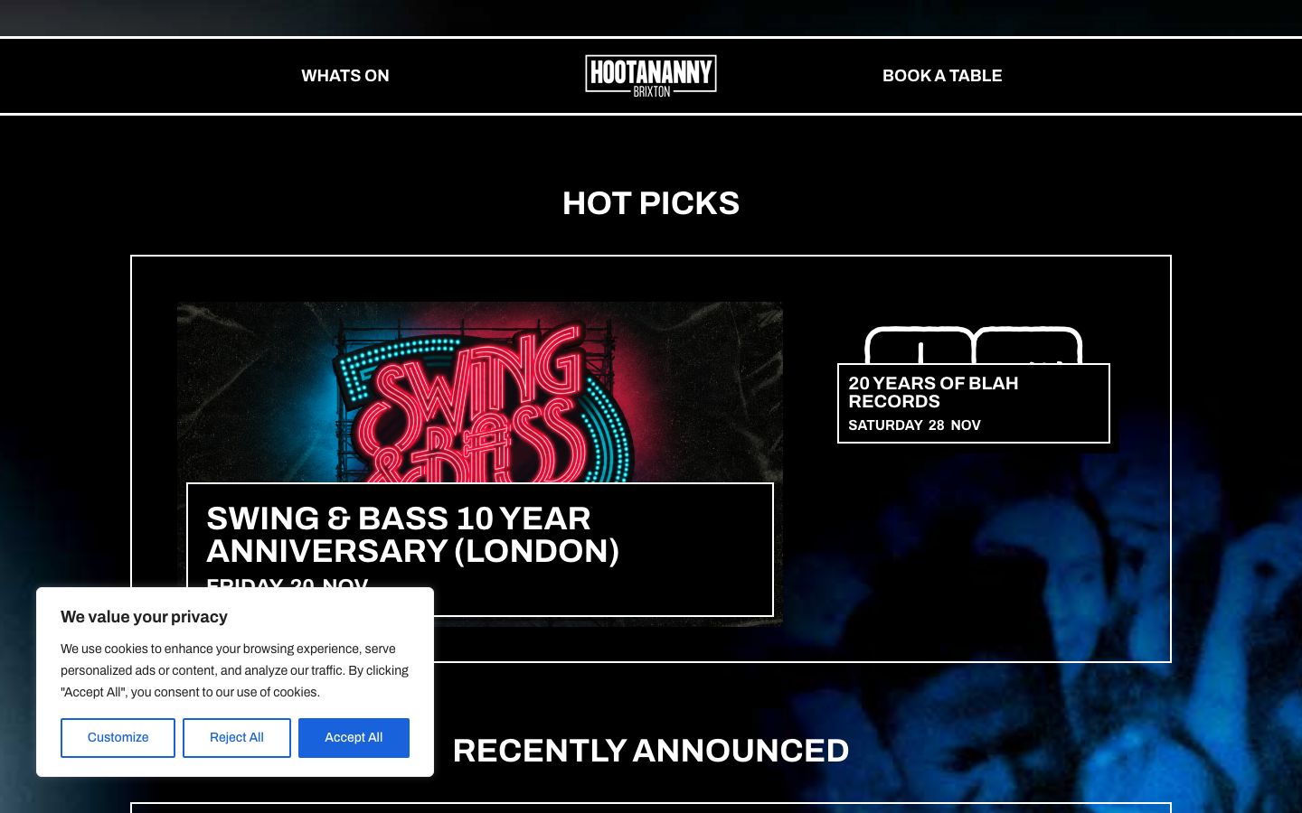 Homepage screenshot of Hootananny Brixton