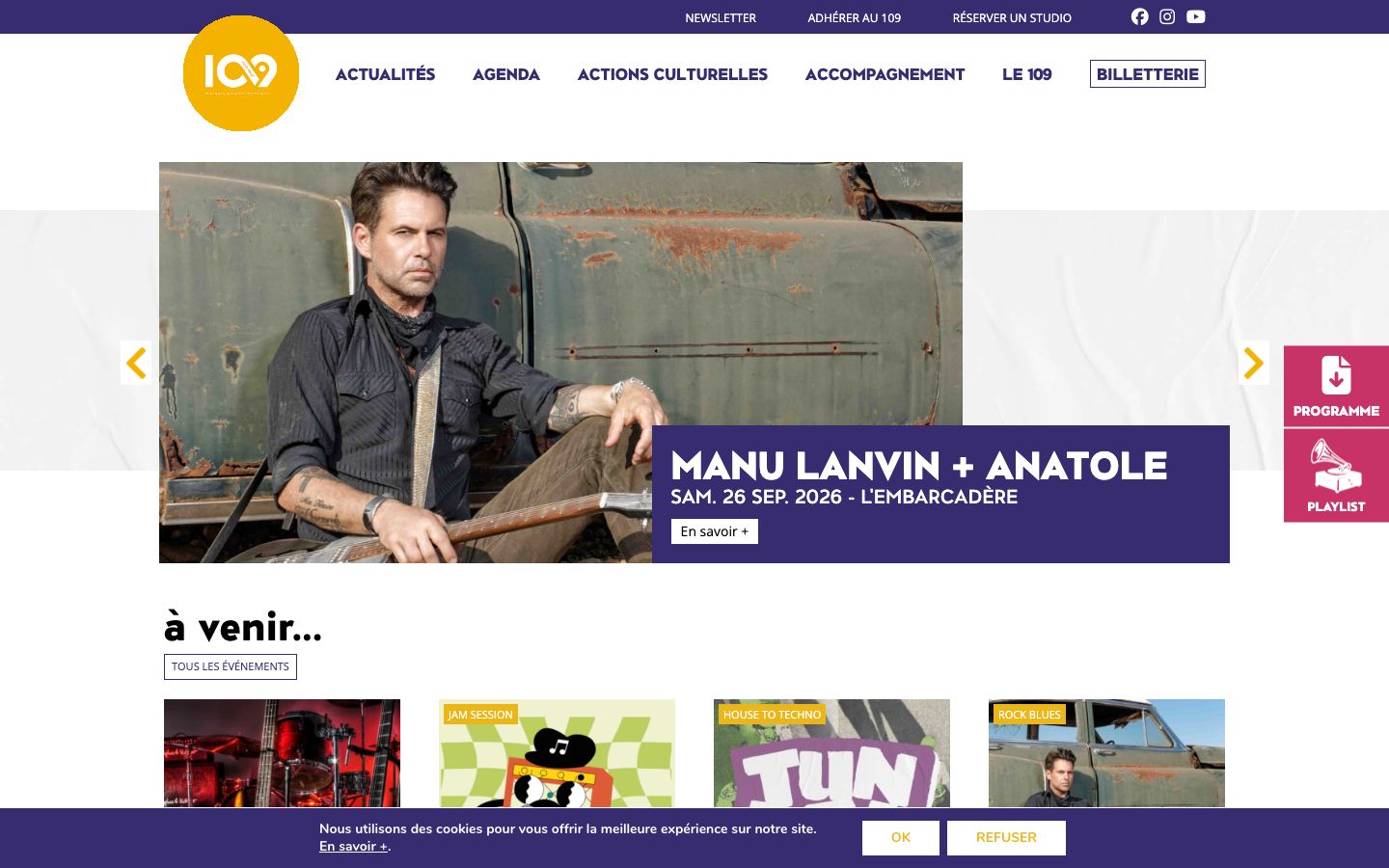 Homepage screenshot of 109 Montluçon, scène de musiques actuelles
